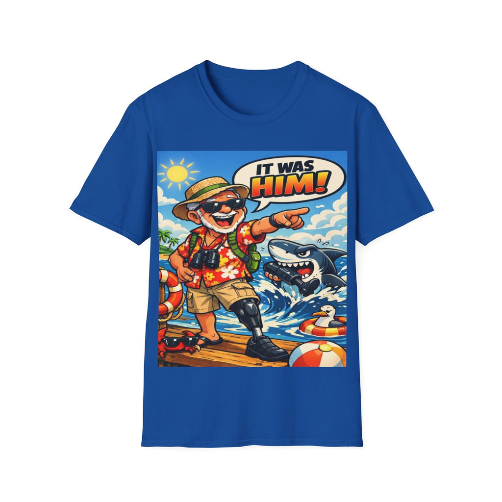 Adult T-Shirt — Retro Vacation Shark 'It Was Him!' Graphic Tee