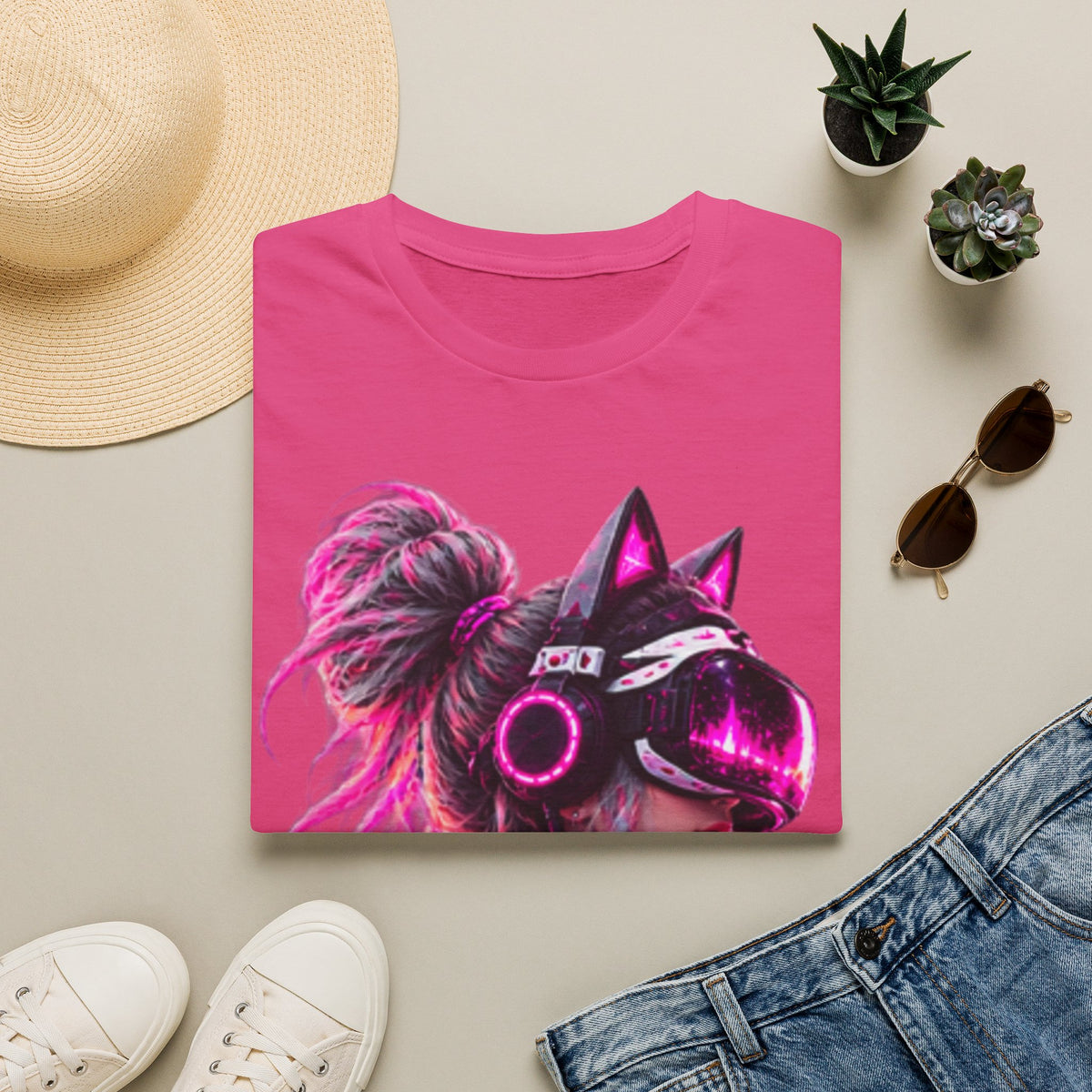 Cat VR Gamer Adult T‑Shirt — Neon Pink Cyberpunk Kitty Gamer Tee