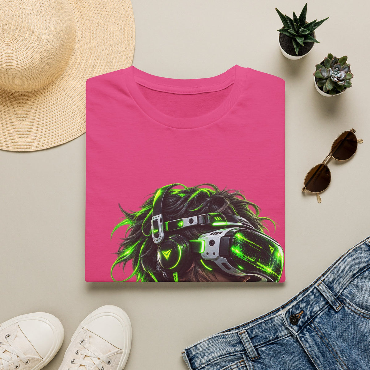 Cyberpunk VR Gamer Adult T-Shirt — Neon Green Virtual Reality Jacket Design