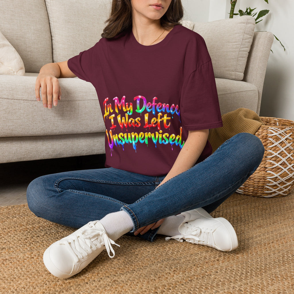 In My Defense I Was Left Unsupervised Adult T-Shirt – Funny Rainbow Casual Tee for Women & Men