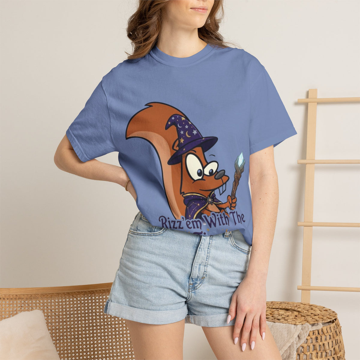 Wizard Squirrel Adult T-Shirt — "Rizz 'em With The Tism" Cute Magic Cartoon Tee