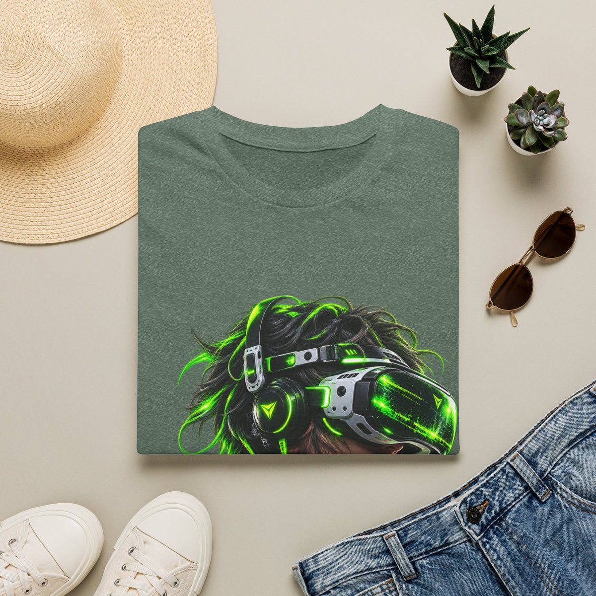 Cyberpunk VR Gamer Adult T-Shirt — Neon Green Virtual Reality Jacket Design