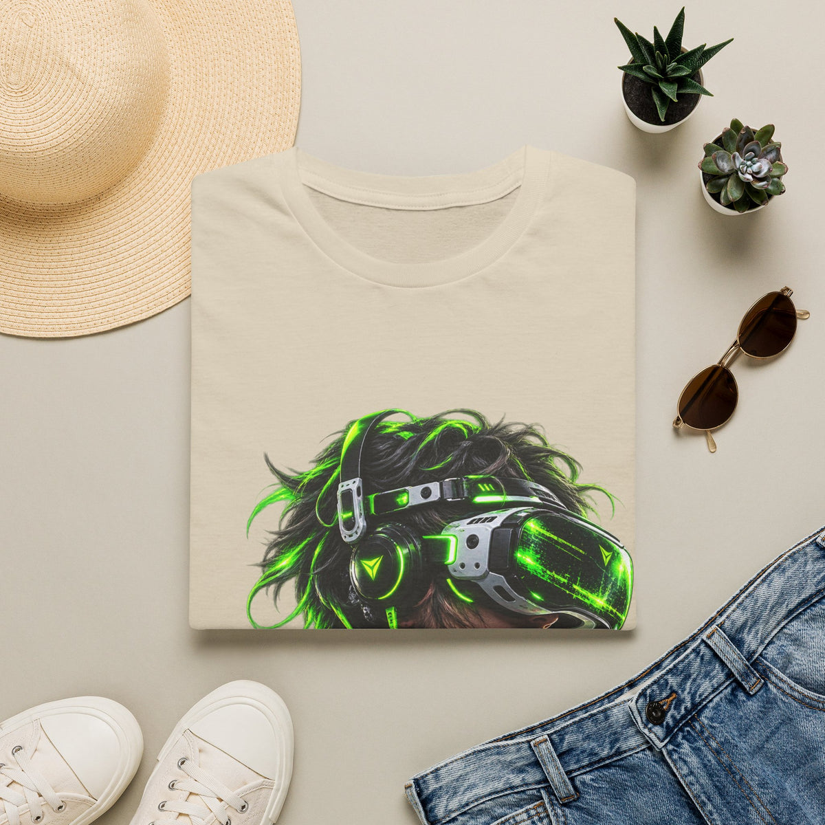Cyberpunk VR Gamer Adult T-Shirt — Neon Green Virtual Reality Jacket Design