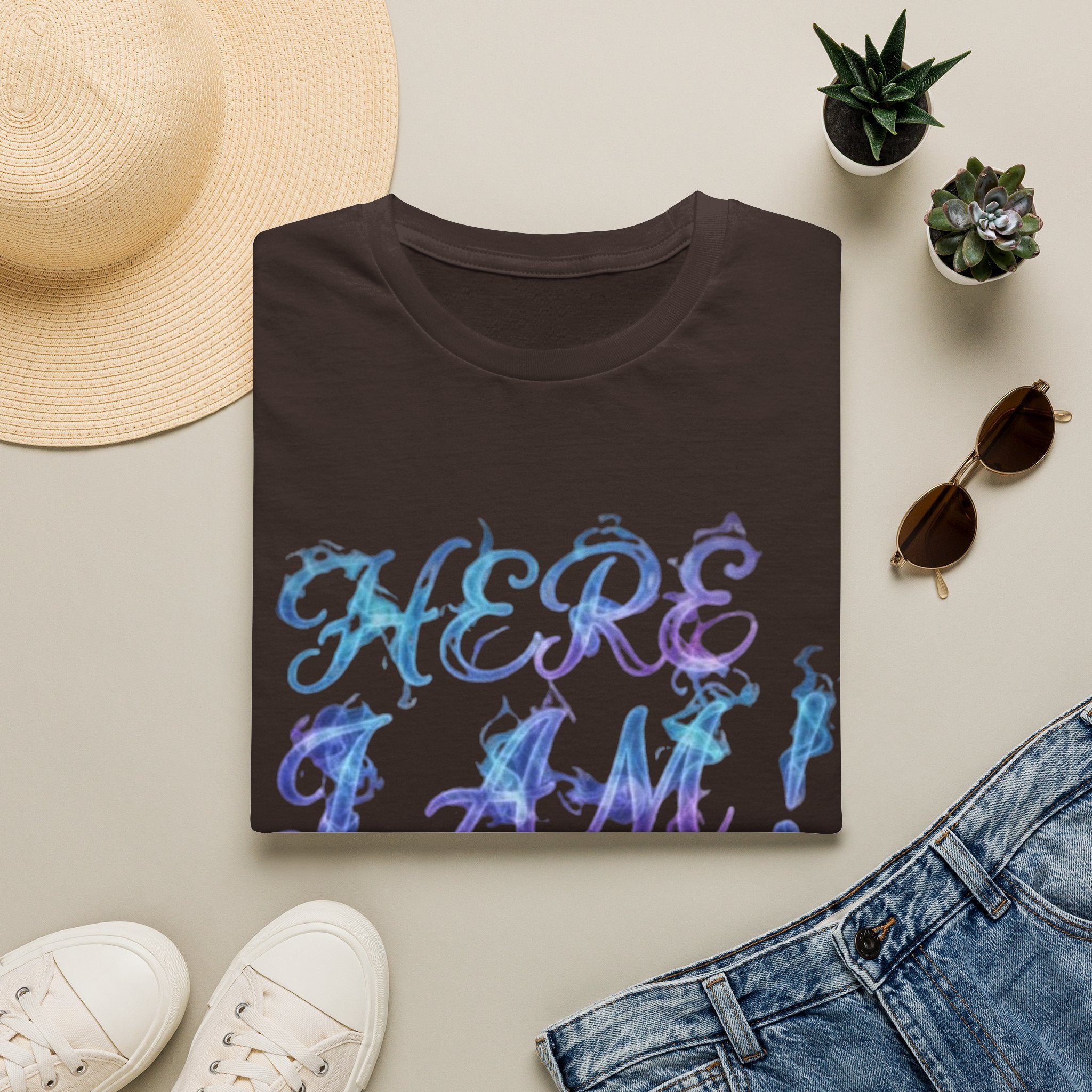 Adult T-Shirt — "Here I Am! What Are Your Other 2 Wishes?" Floral Script Graphic Tee