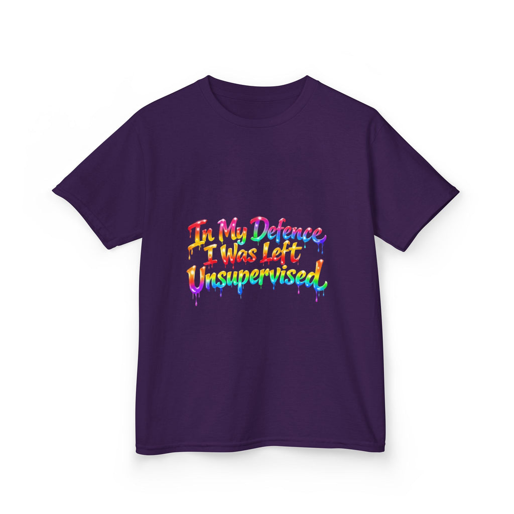 Kids Tee — "In My Defence I Was Left Unsupervised" Rainbow Drip Graphic