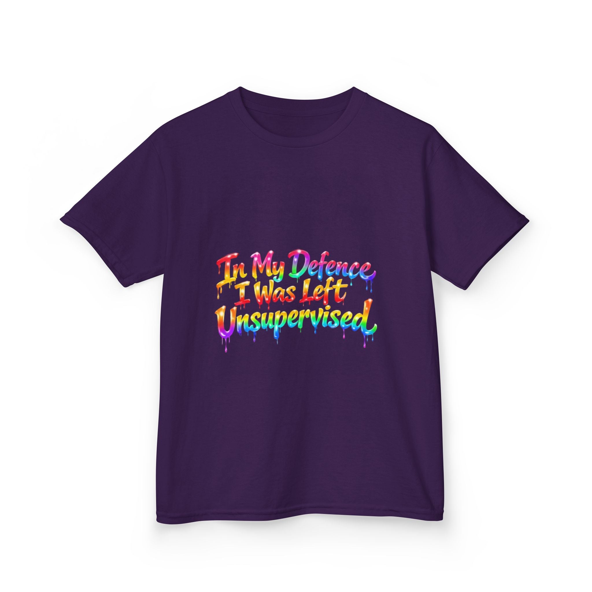Kids Tee — "In My Defence I Was Left Unsupervised" Rainbow Drip Graphic