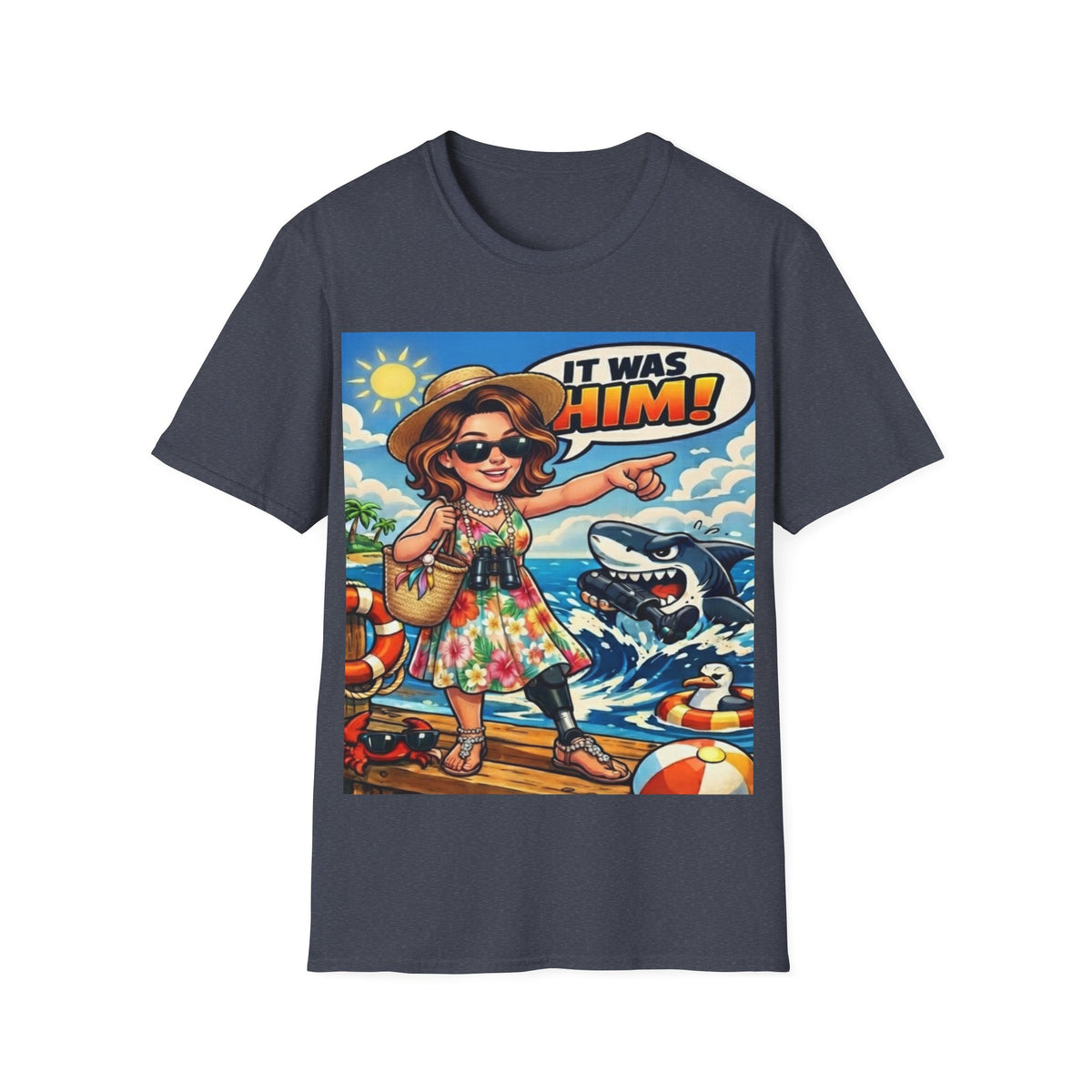 Adult T-Shirt — 'It Was Him!' Beach Shark Graphic Tee