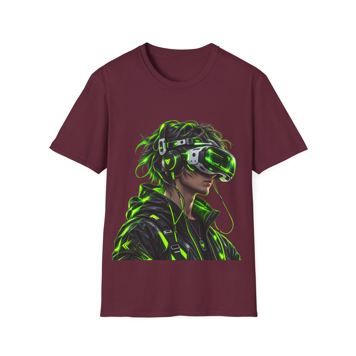 Cyberpunk VR Gamer Adult T-Shirt — Neon Green Virtual Reality Jacket Design