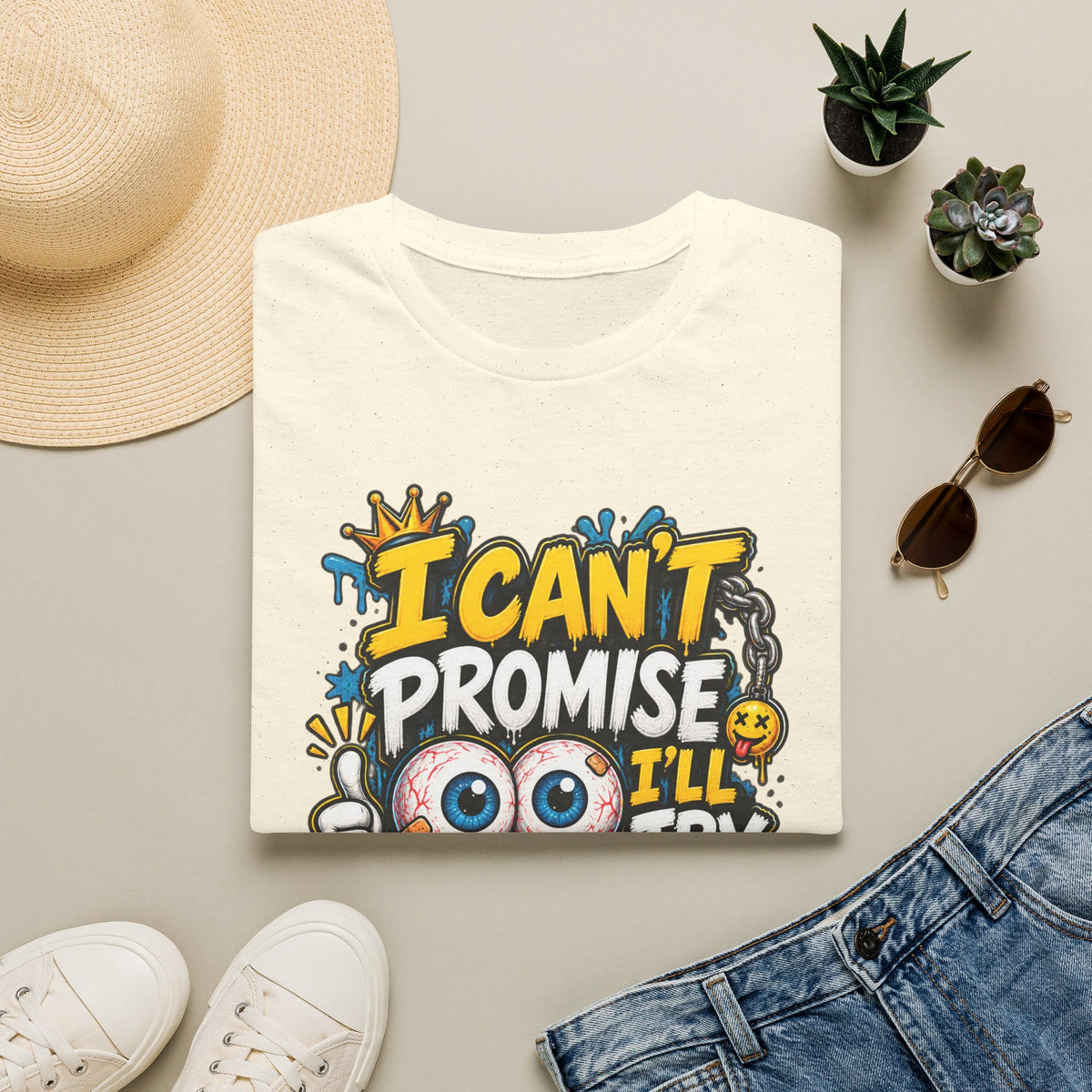 I Can't Promise I'll Try Graphic Adult T-Shirt — Funny Motivational Casual Tee