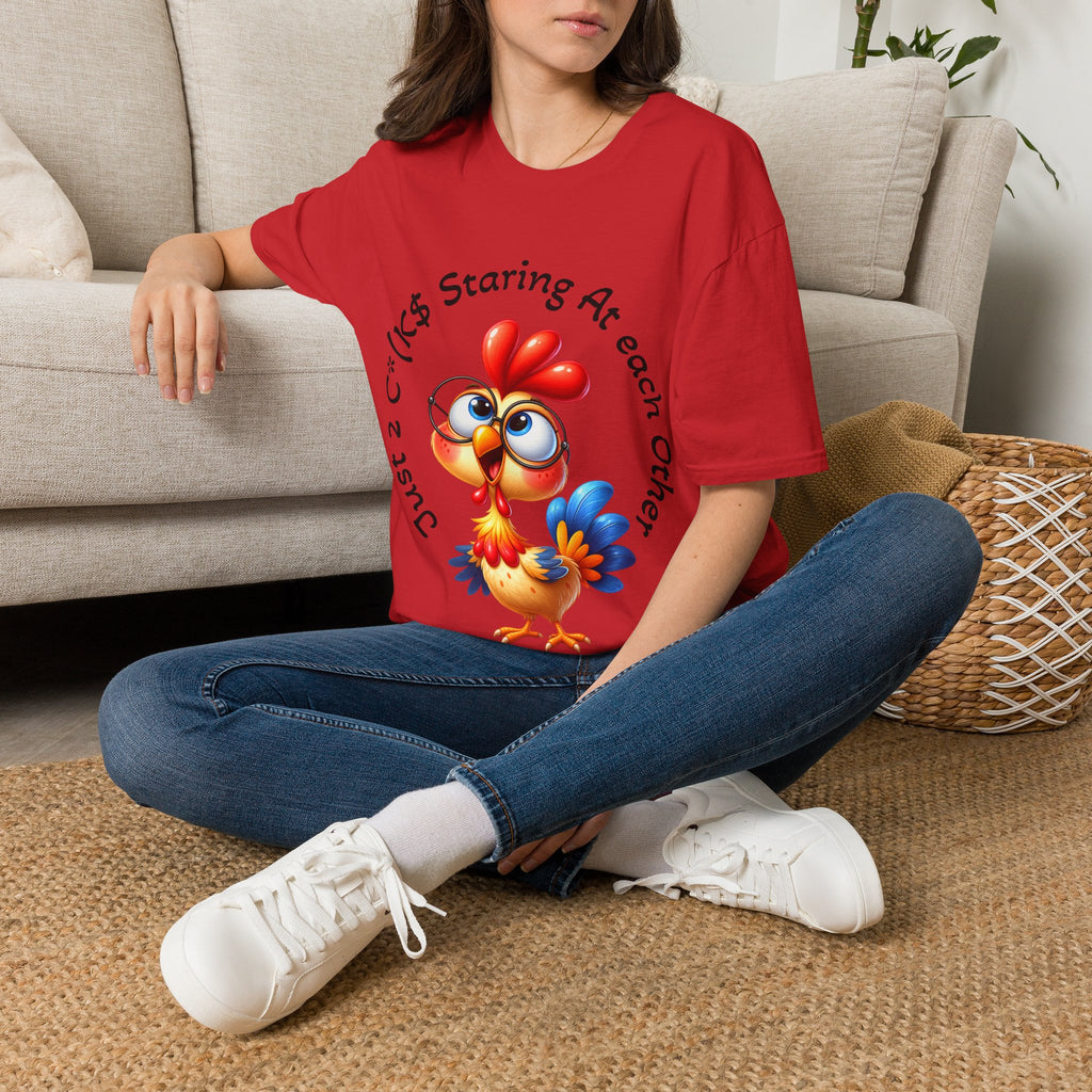 Chicken Cartoon Adult T-Shirt — "Staring At Each Other" Cute Funny Graphic Tee