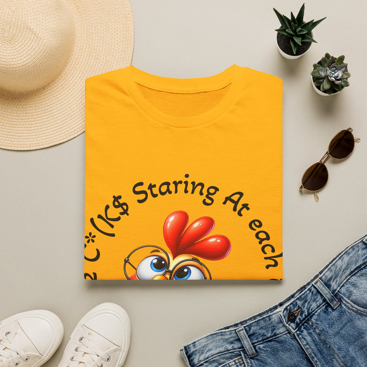 Chicken Cartoon Adult T-Shirt — "Staring At Each Other" Cute Funny Graphic Tee