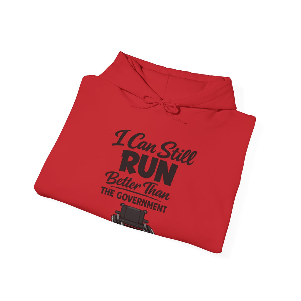 Adult Hoodie — "I Can Still Run Better Than The Government" Lawn Mower Funny Political Sweatshirt