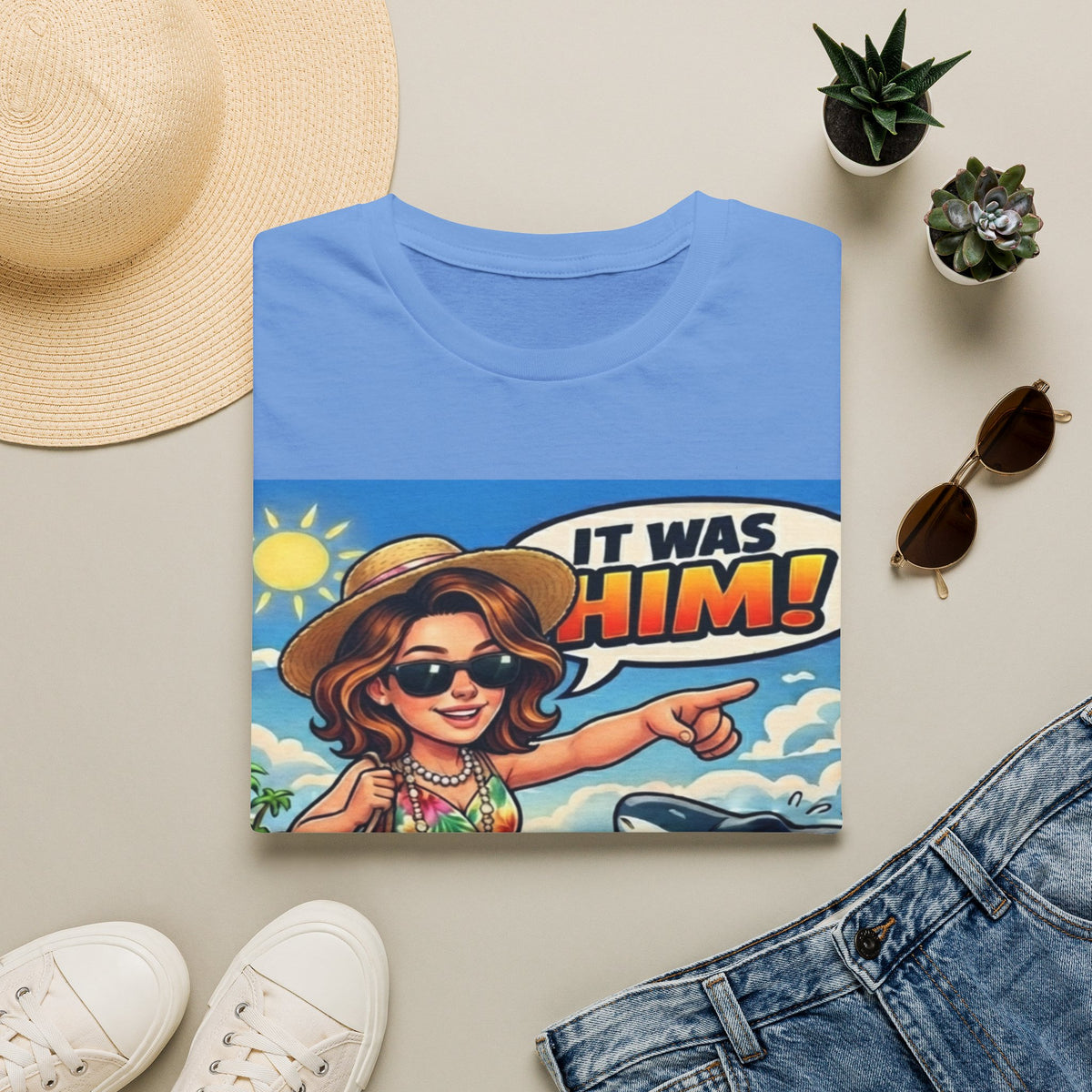Adult T-Shirt — 'It Was Him!' Beach Shark Graphic Tee