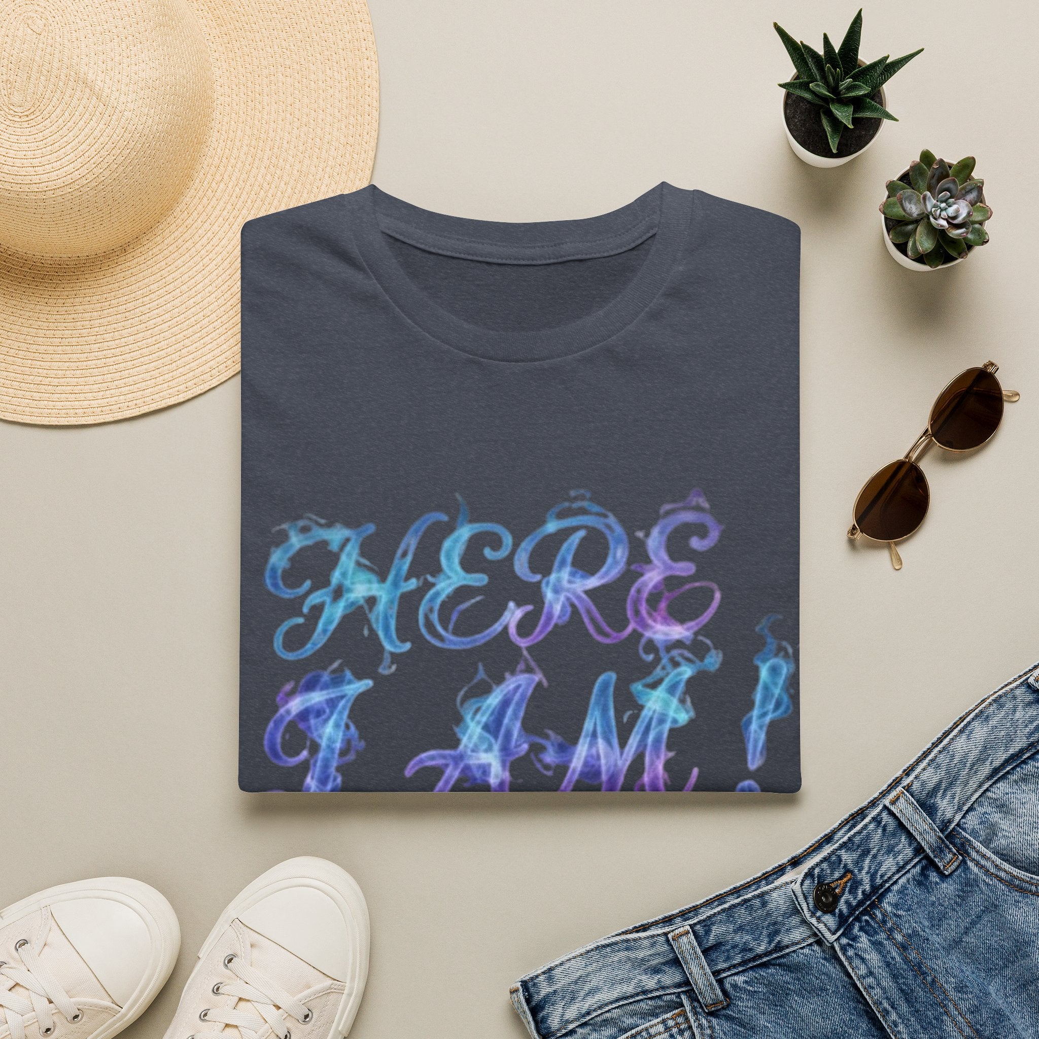 Adult T-Shirt — "Here I Am! What Are Your Other 2 Wishes?" Floral Script Graphic Tee