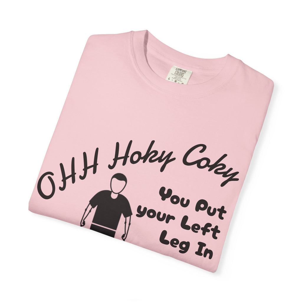 Ohh Hokey Cokey Prosthetic Leg Adult T-Shirt — "You Put Your Left Leg In, Ohh Crap" Funny Disability Humor Tee
