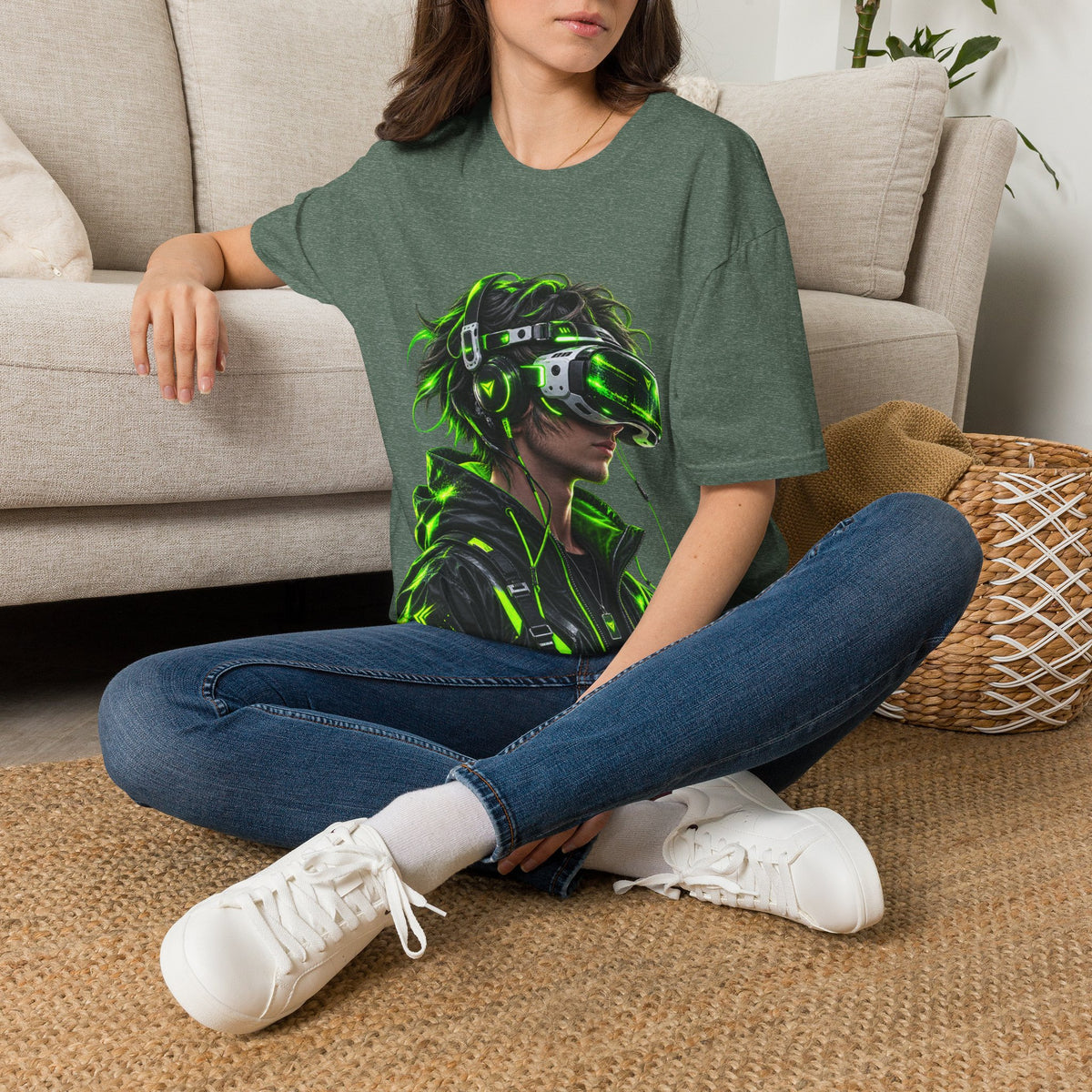 Cyberpunk VR Gamer Adult T-Shirt — Neon Green Virtual Reality Jacket Design