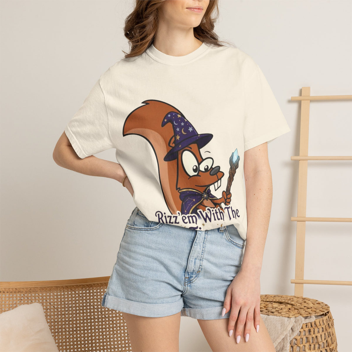 Wizard Squirrel Adult T-Shirt — "Rizz 'em With The Tism" Cute Magic Cartoon Tee