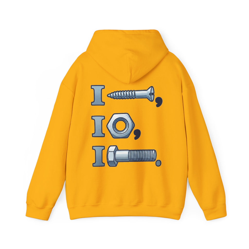 Screw, Nut, Bolt Adult Hoodie — Mechanical Pun Graphic Hooded Sweatshirt