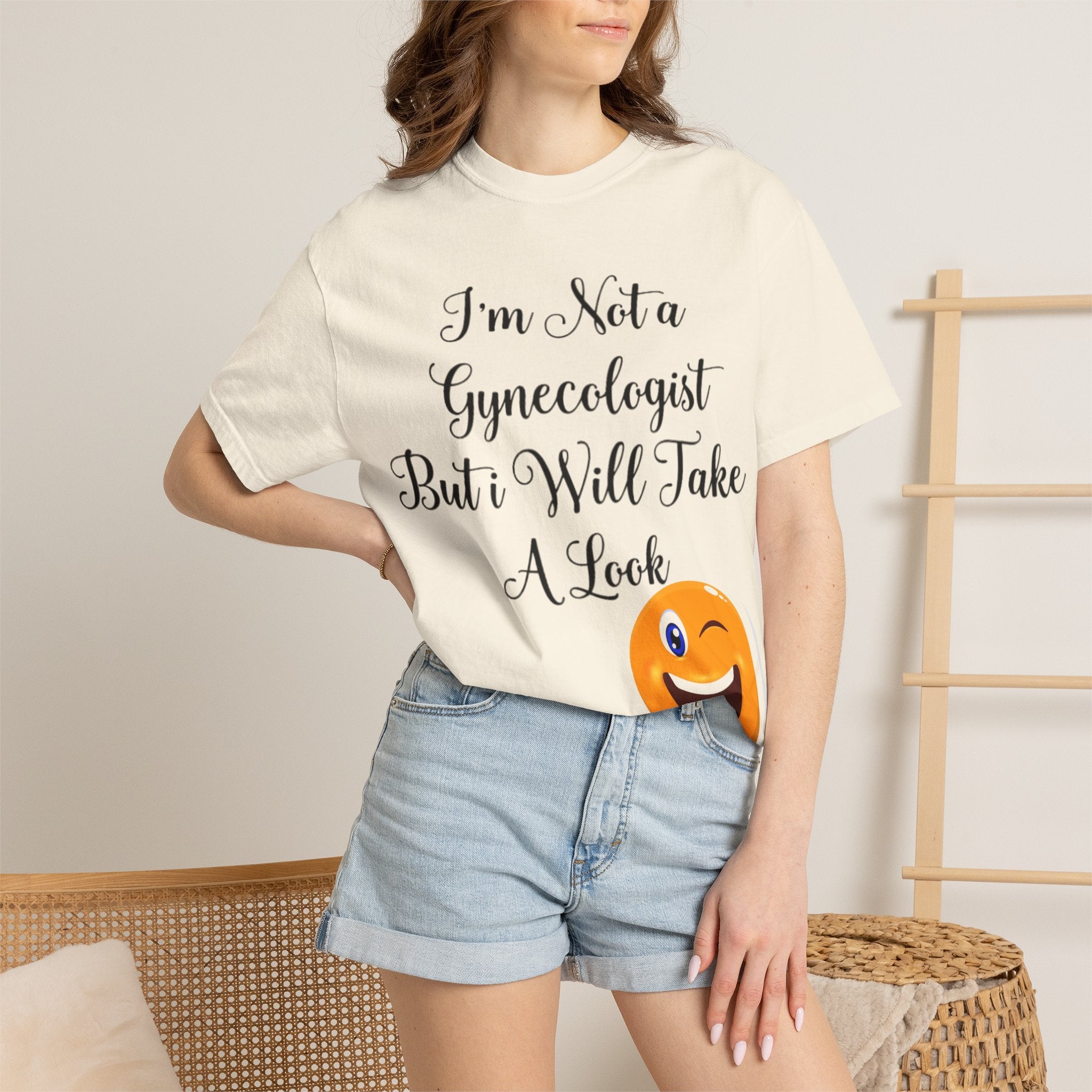 Funny Gynecologist Joke Adult T-Shirt — "I'm Not a Gynecologist But I Will Take a Look" Emoji Tee