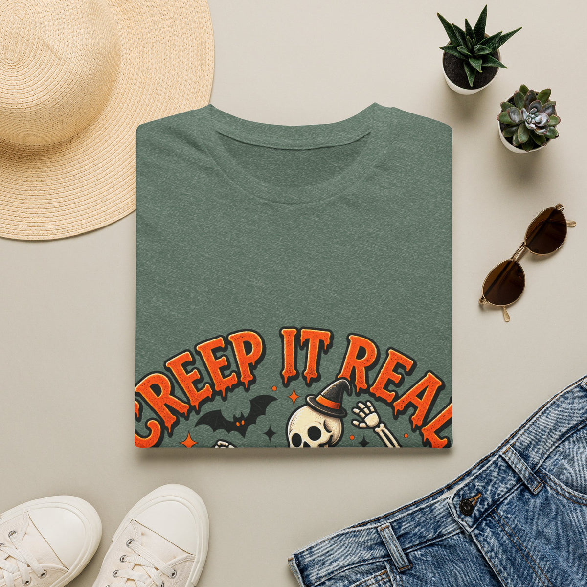 Creep It Real Halloween Adult T-Shirt — Dancing Skeleton & Pumpkin Graphic