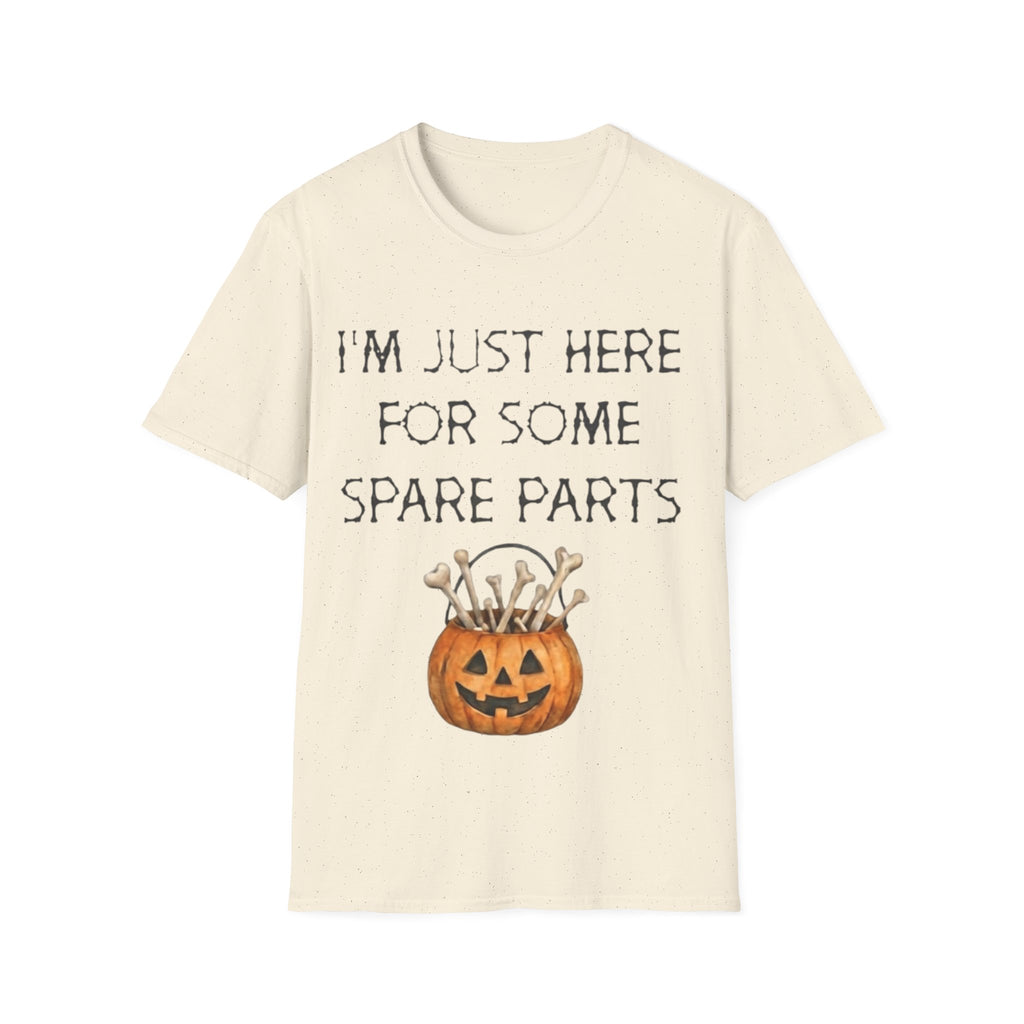 Halloween Pumpkin Jack-o'-Lantern Adult T-Shirt — "I'm Just Here For Some Spare Parts"