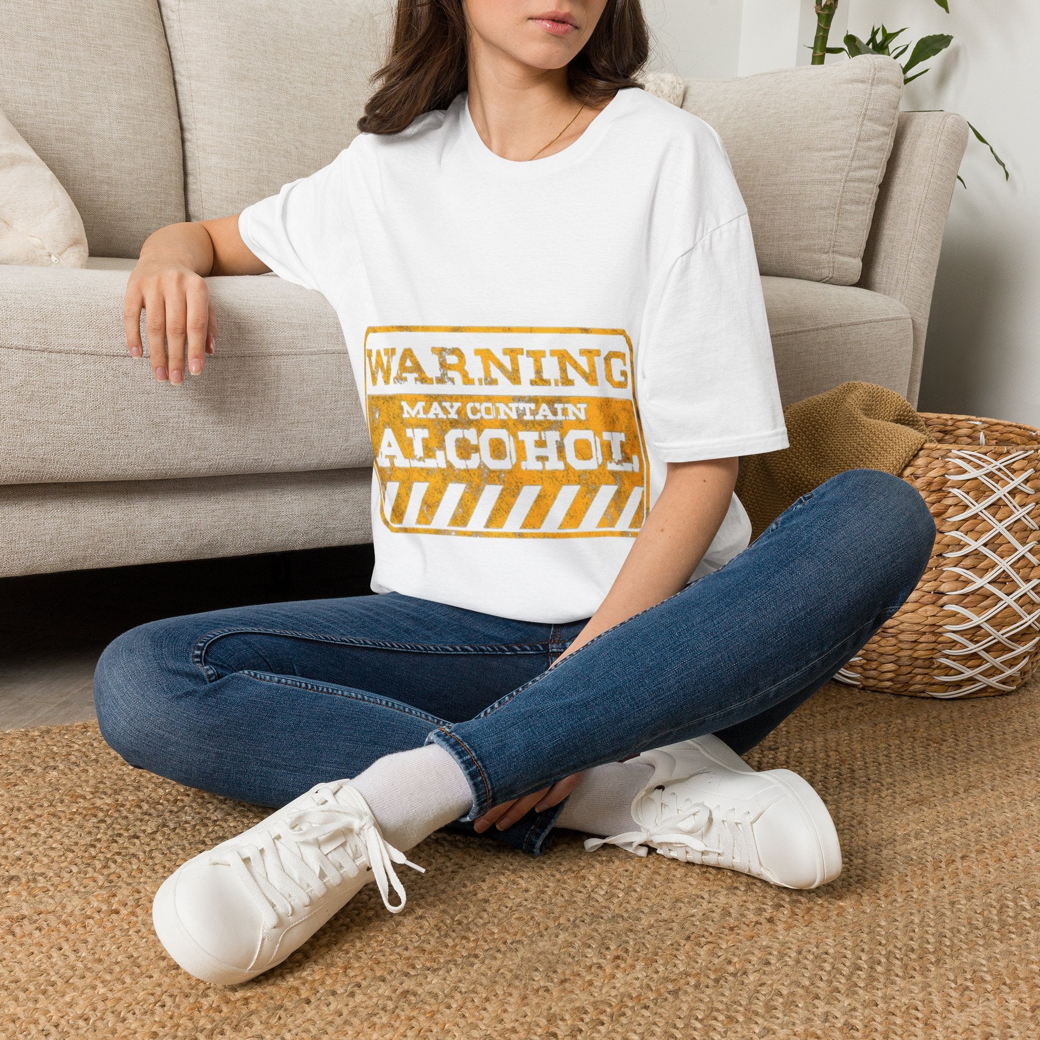 Adult T-Shirt — "WARNING: May Contain Alcohol" Distressed Graphic Tee