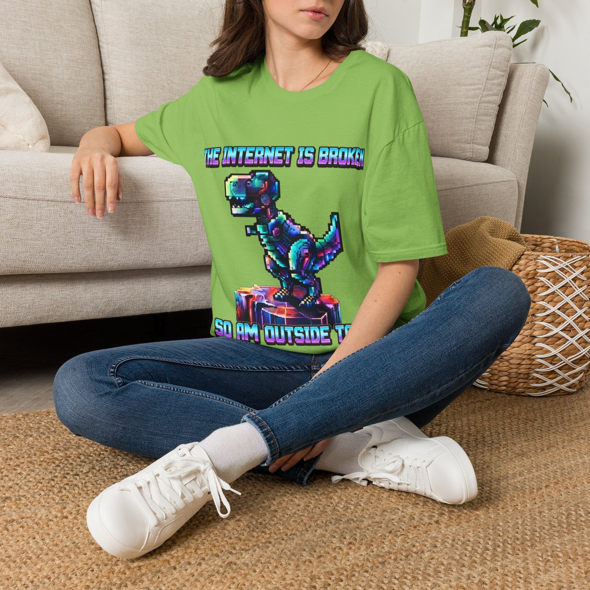 Internet Is Broke Adult  T-Shirt — Retro Pixel Dino "So Am I" Graphic Tee
