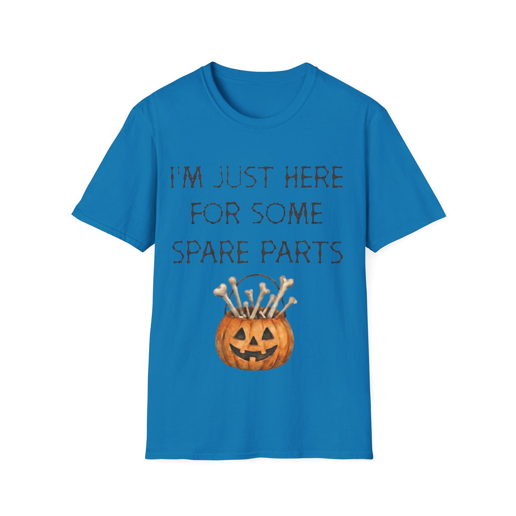 Halloween Pumpkin Jack-o'-Lantern Adult T-Shirt — "I'm Just Here For Some Spare Parts"