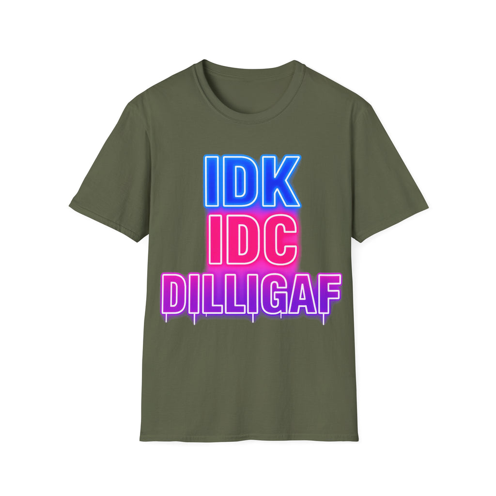 IDK IDC Dilligaf Graphic Adult T-Shirt – Neon Retro Statement Tee