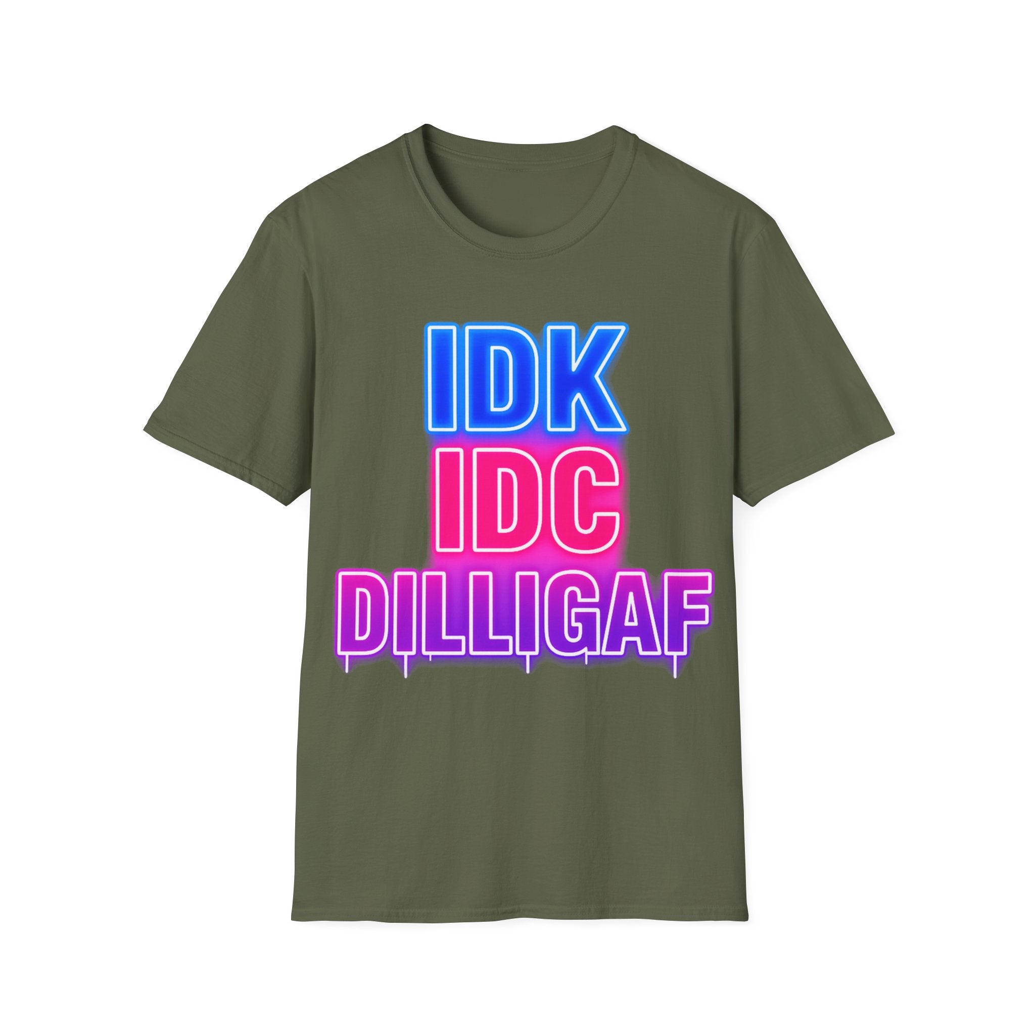 IDK IDC Dilligaf Graphic Adult T-Shirt – Neon Retro Statement Tee