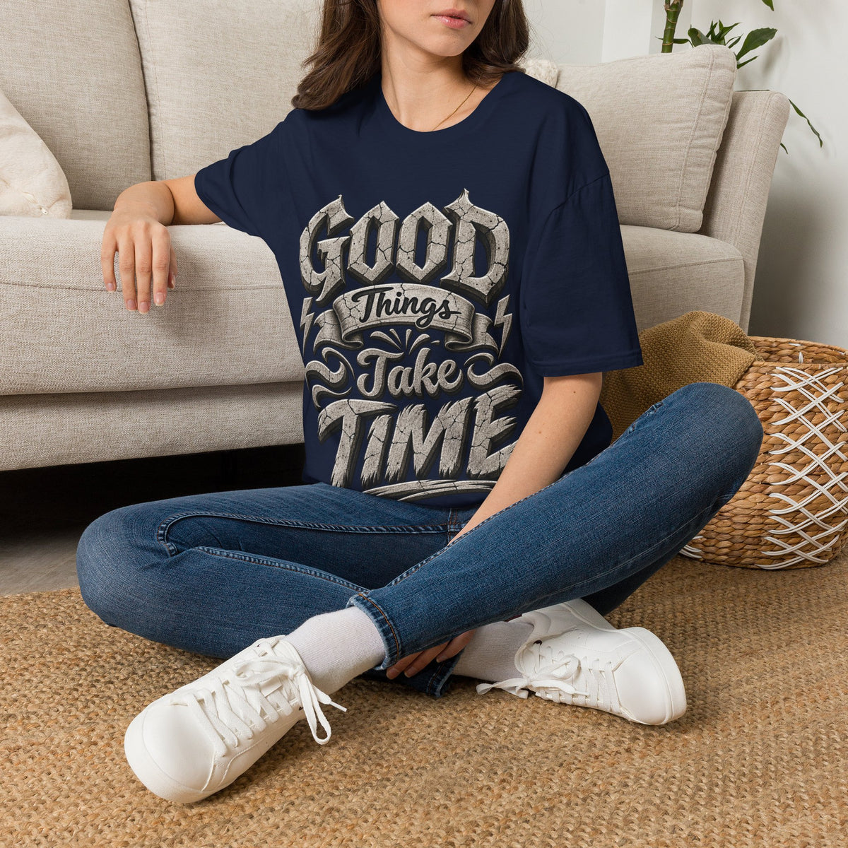 Adult T-Shirt — 'Good Things Take Time' Vintage Script Graphic Tee