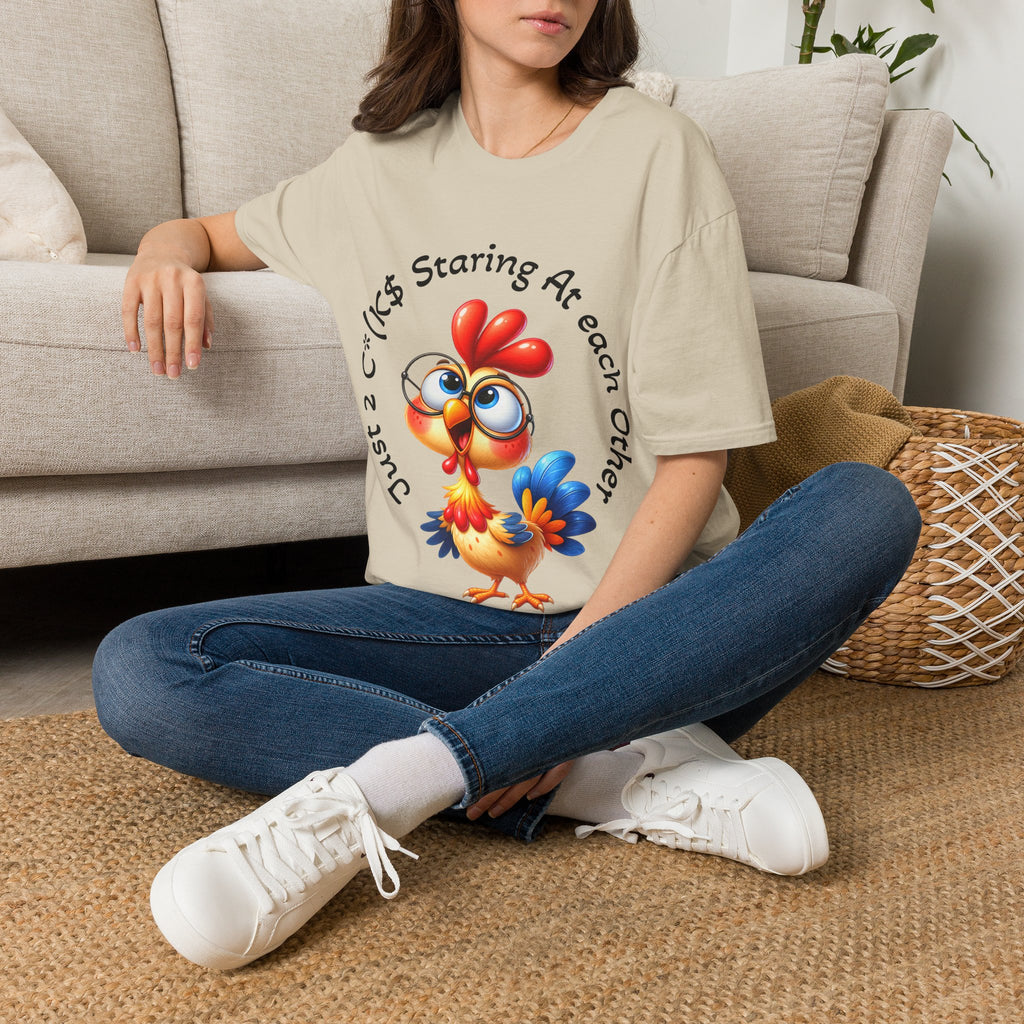 Chicken Cartoon Adult T-Shirt — "Staring At Each Other" Cute Funny Graphic Tee