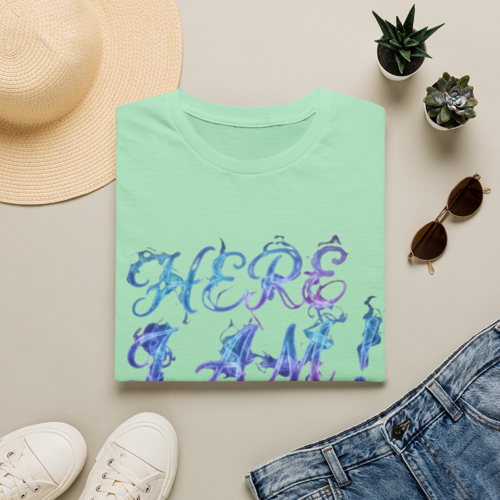 Adult T-Shirt — "Here I Am! What Are Your Other 2 Wishes?" Floral Script Graphic Tee