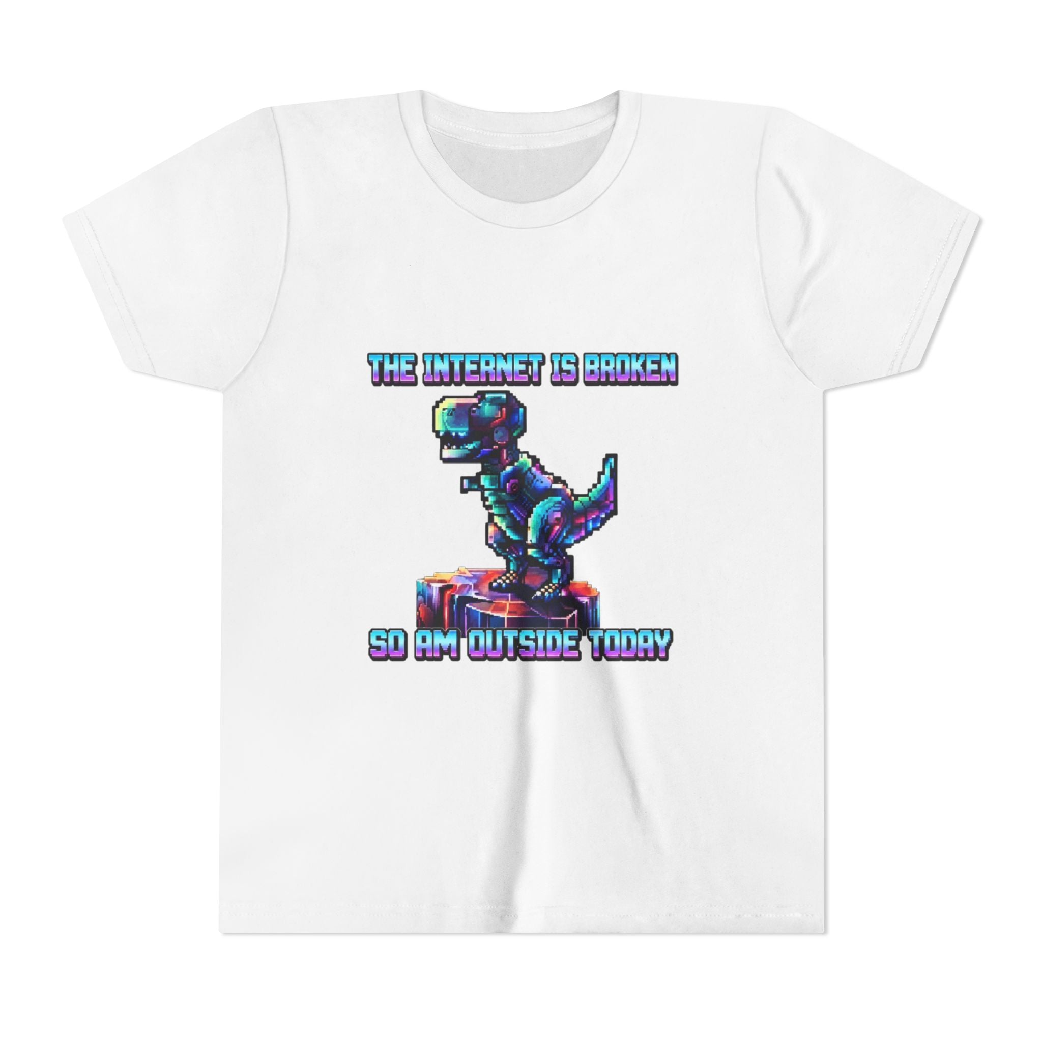 Kids T shirt — Retro Robot Dino “The Internet Is Broken So I’m Outside Today”