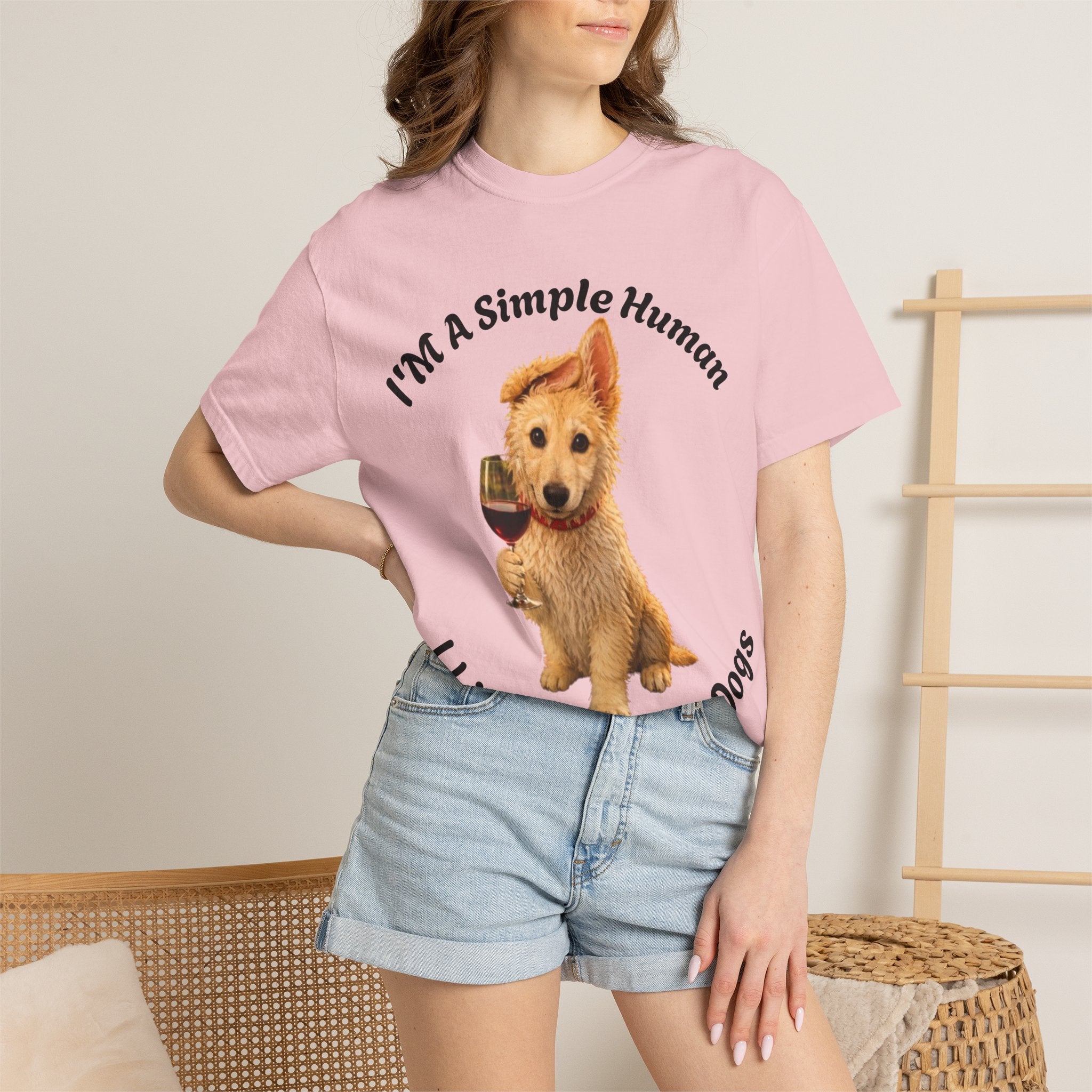 Adult T-Shirt — "I'm A Simple Human I Like Wine And Dogs" Cute Dog & Wine Graphic Tee