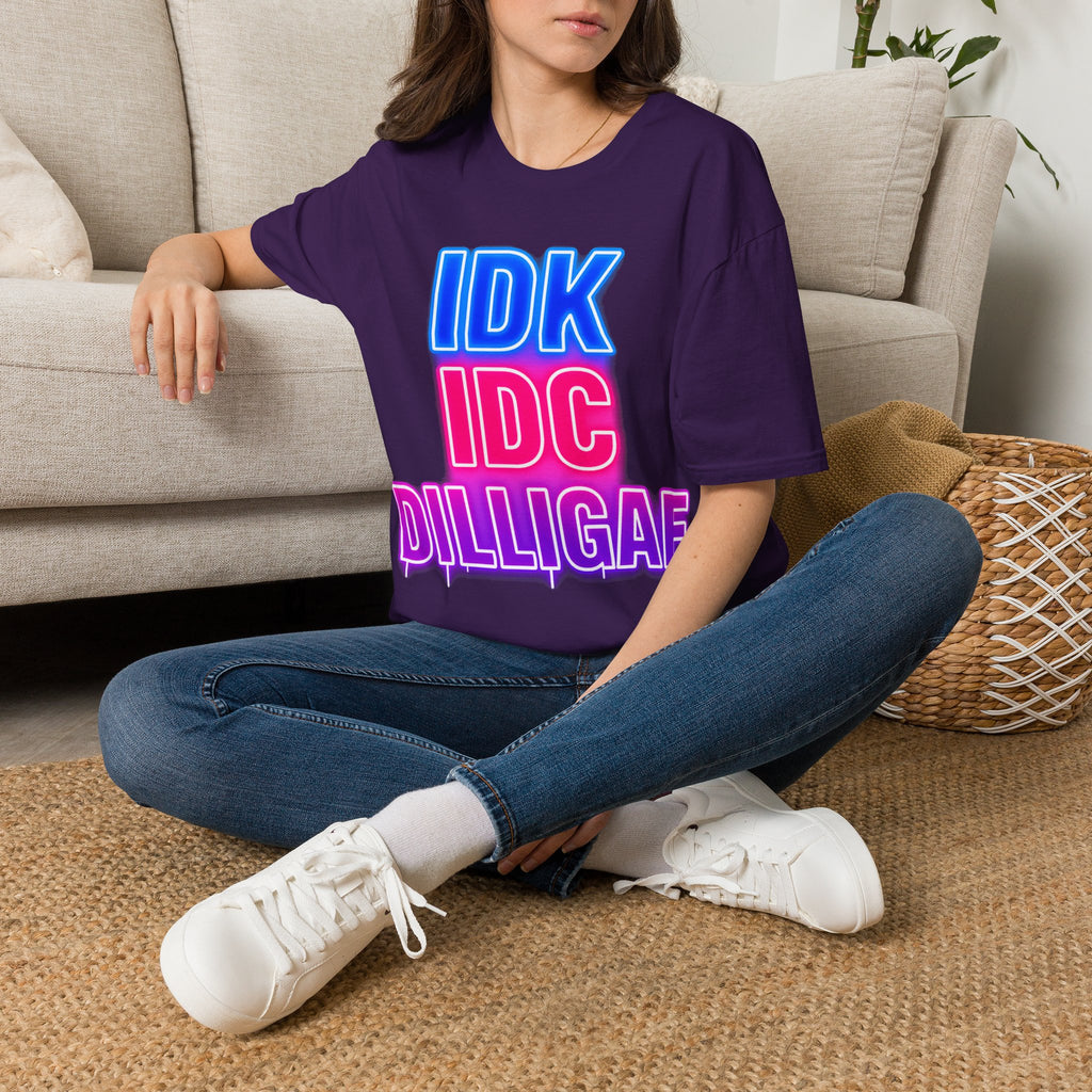 IDK IDC Dilligaf Graphic Adult T-Shirt – Neon Retro Statement Tee
