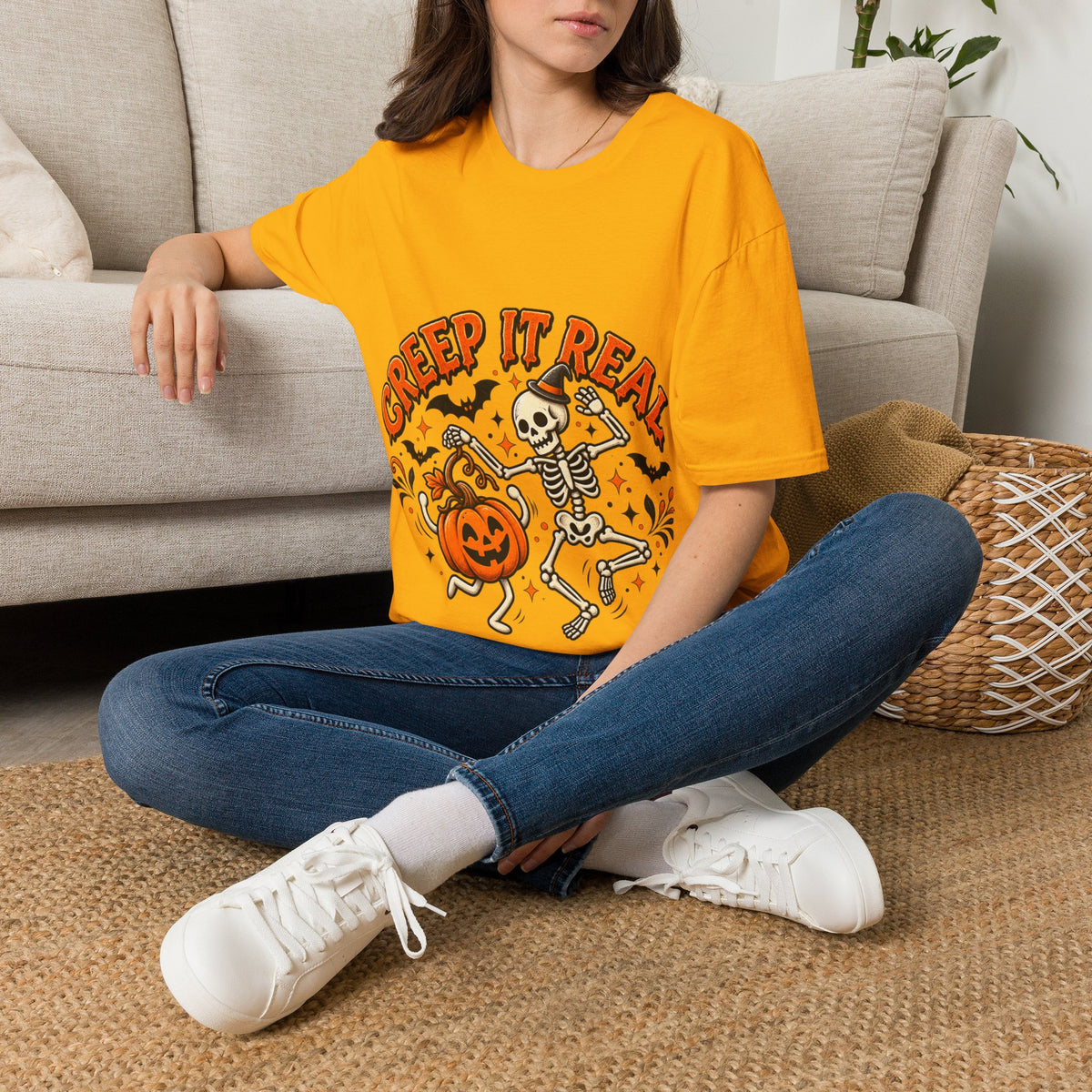Creep It Real Halloween Adult T-Shirt — Dancing Skeleton & Pumpkin Graphic
