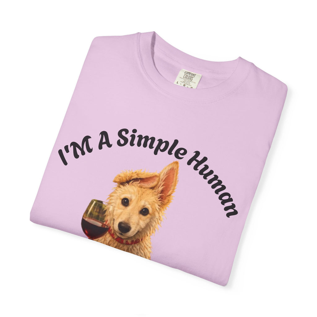 Adult T-Shirt — "I'm A Simple Human I Like Wine And Dogs" Cute Dog & Wine Graphic Tee