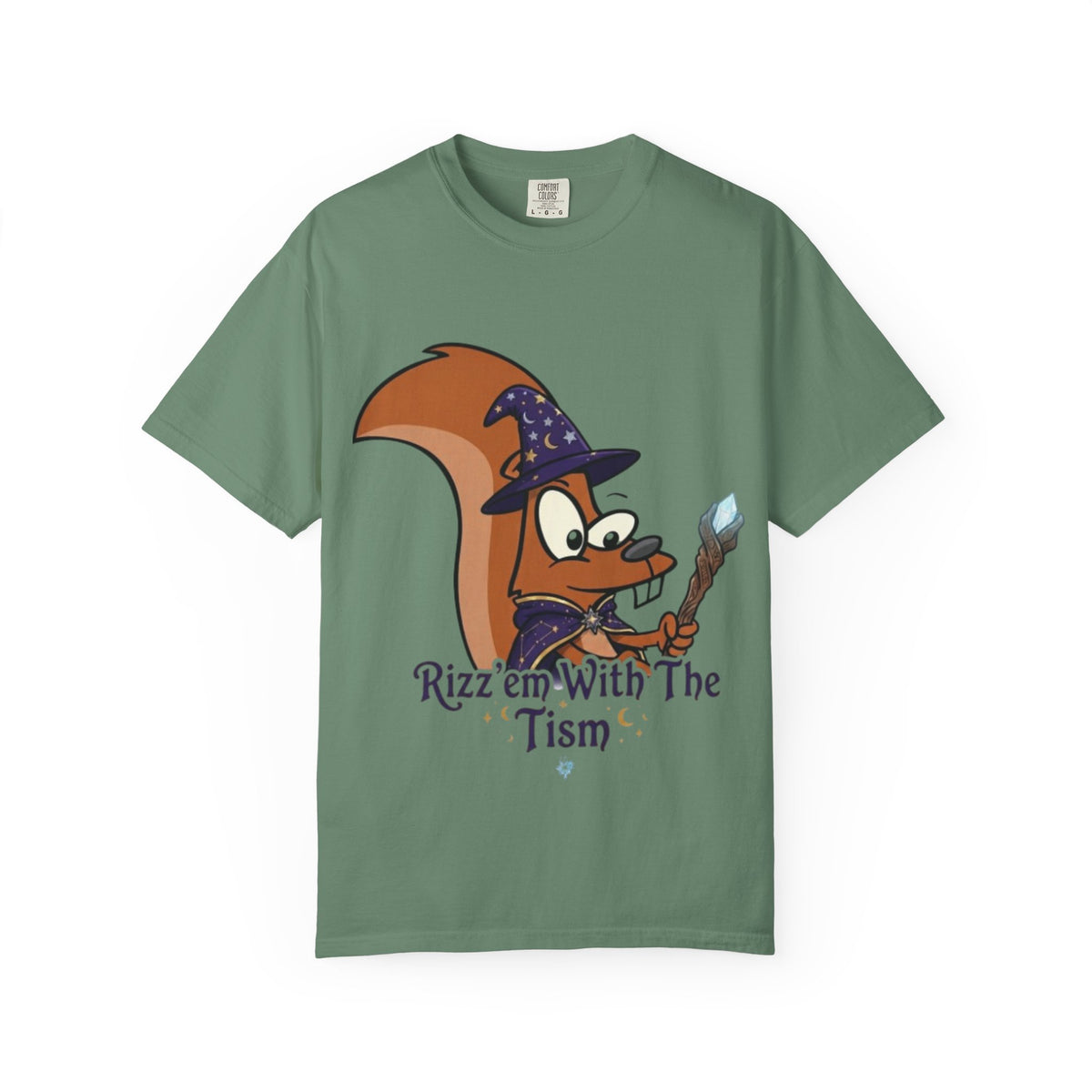Wizard Squirrel Adult T-Shirt — "Rizz 'em With The Tism" Cute Magic Cartoon Tee