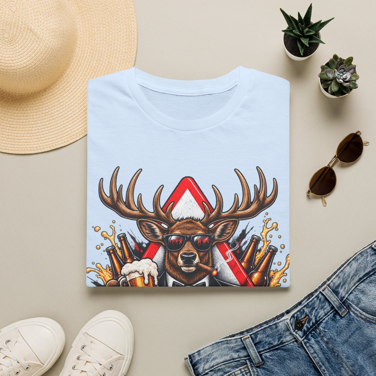 Stag Party Adult T-Shirt — Funny Beer-Drinking Deer Graphic Tee for Bachelor Parties