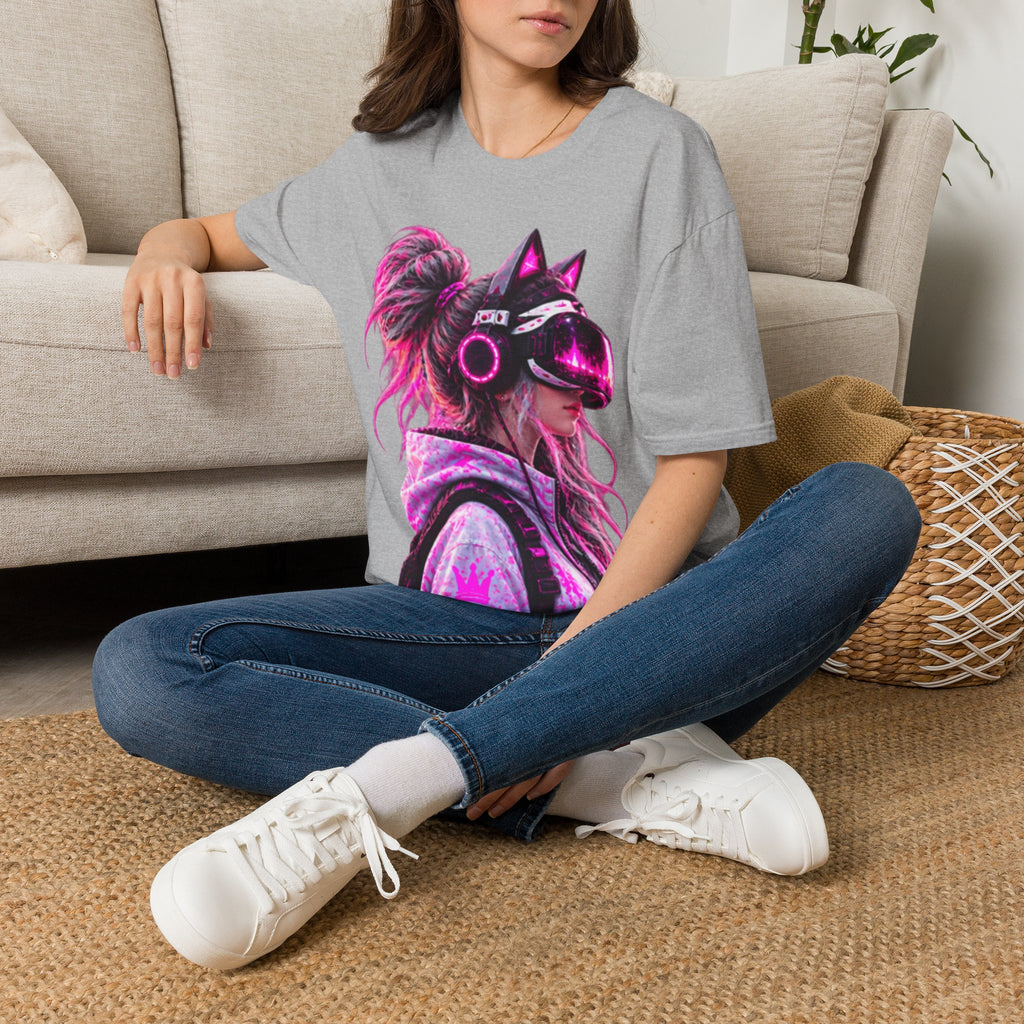 Cat VR Gamer Adult T‑Shirt — Neon Pink Cyberpunk Kitty Gamer Tee