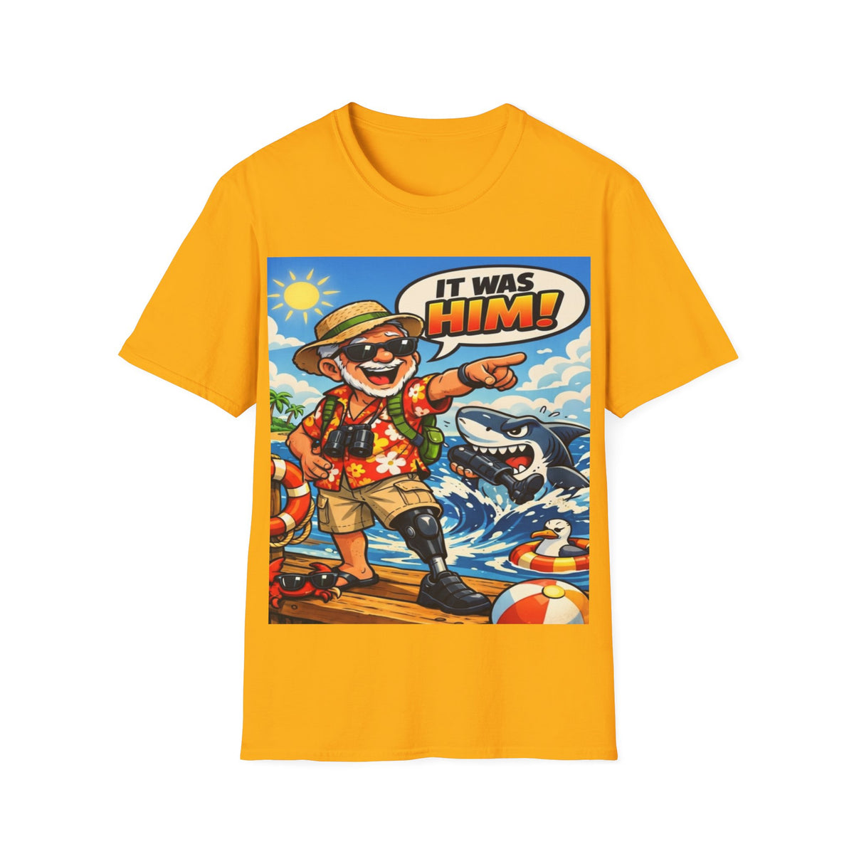 Adult T-Shirt — Retro Vacation Shark 'It Was Him!' Graphic Tee