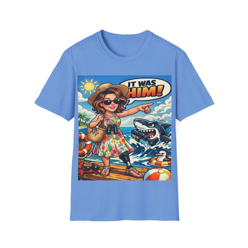 Adult T-Shirt — 'It Was Him!' Beach Shark Graphic Tee