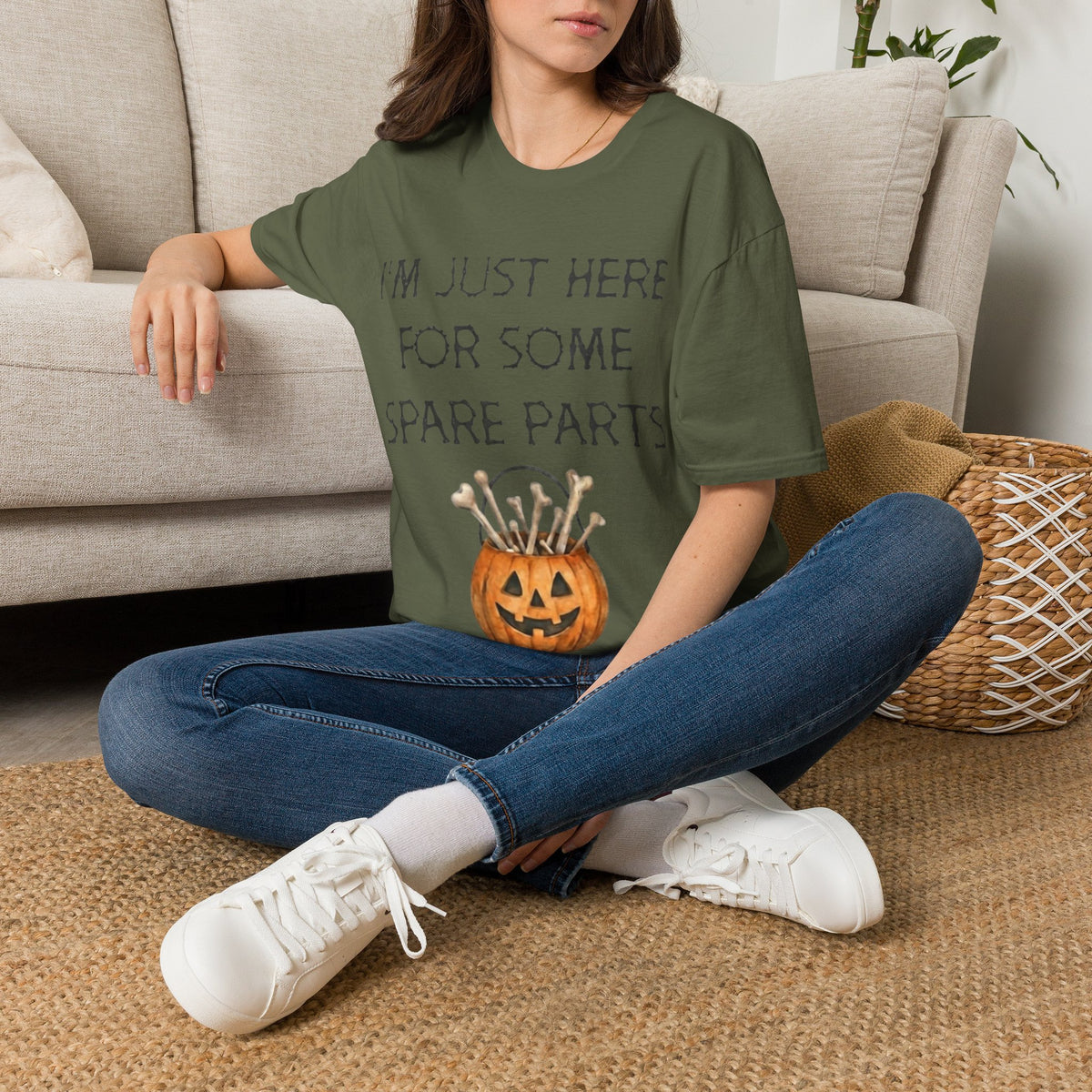 Halloween Pumpkin Jack-o'-Lantern Adult T-Shirt — "I'm Just Here For Some Spare Parts"