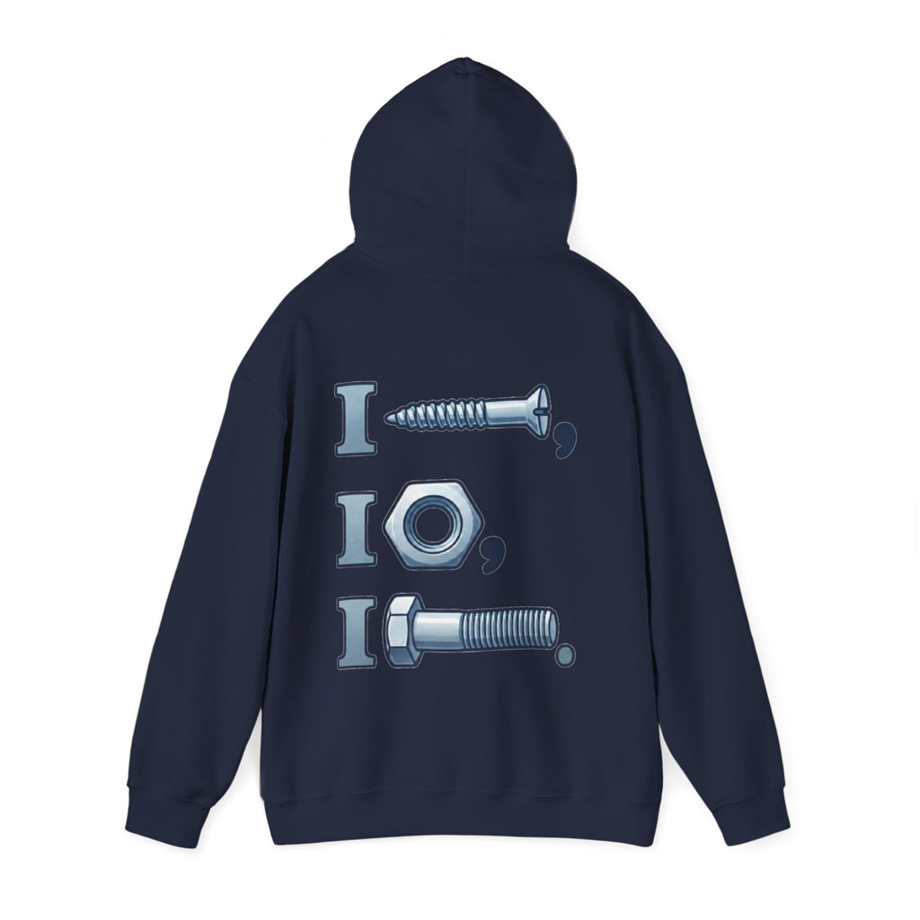 Screw, Nut, Bolt Adult Hoodie — Mechanical Pun Graphic Hooded Sweatshirt