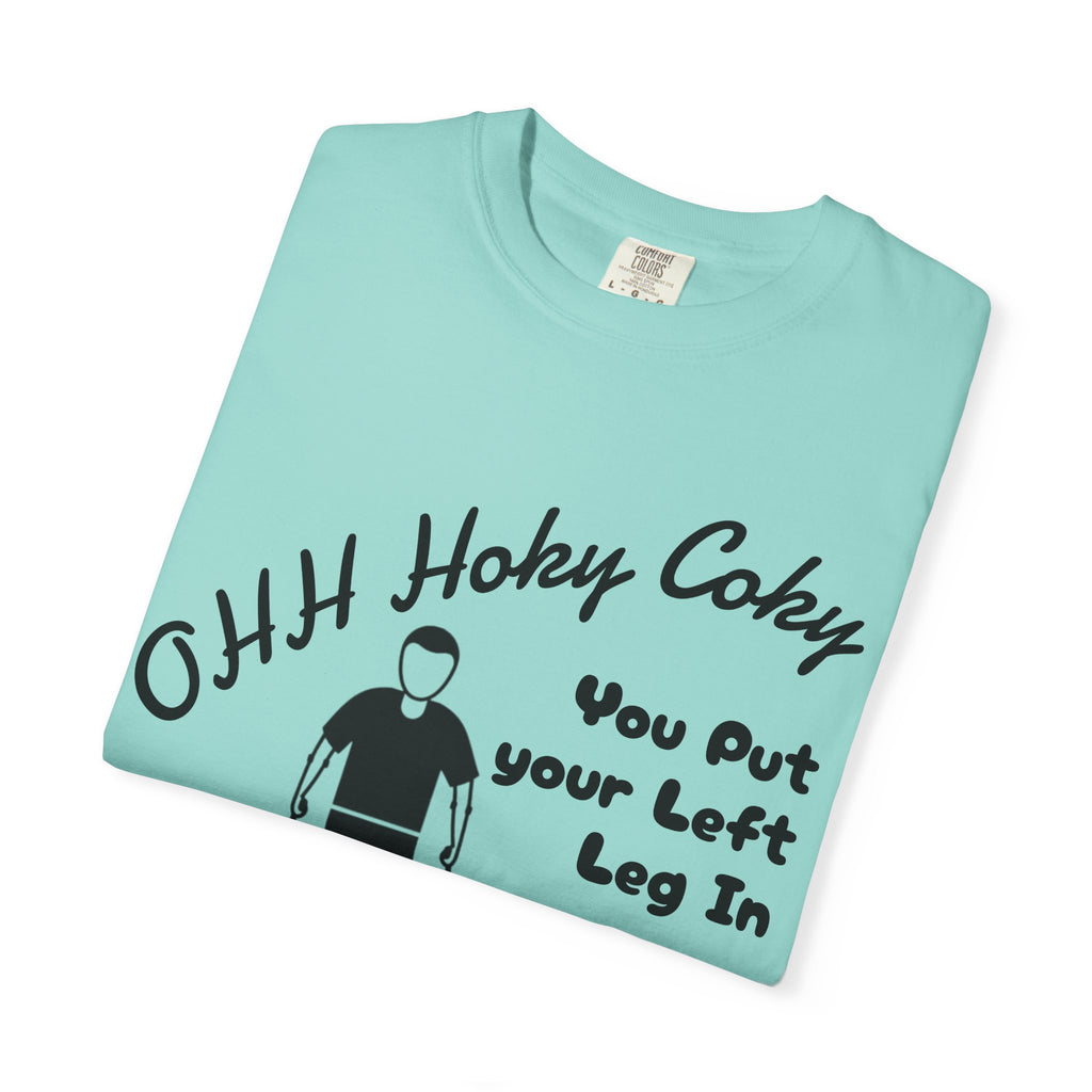 Ohh Hokey Cokey Prosthetic Leg Adult T-Shirt — "You Put Your Left Leg In, Ohh Crap" Funny Disability Humor Tee