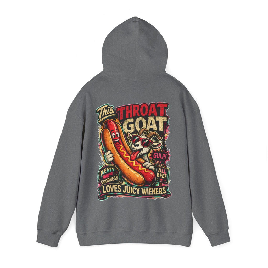 Hot Dog Goat Adult Hoodie - "This Throat Goat Loves Juicy Wieners" Graphic Hooded Sweatshirt