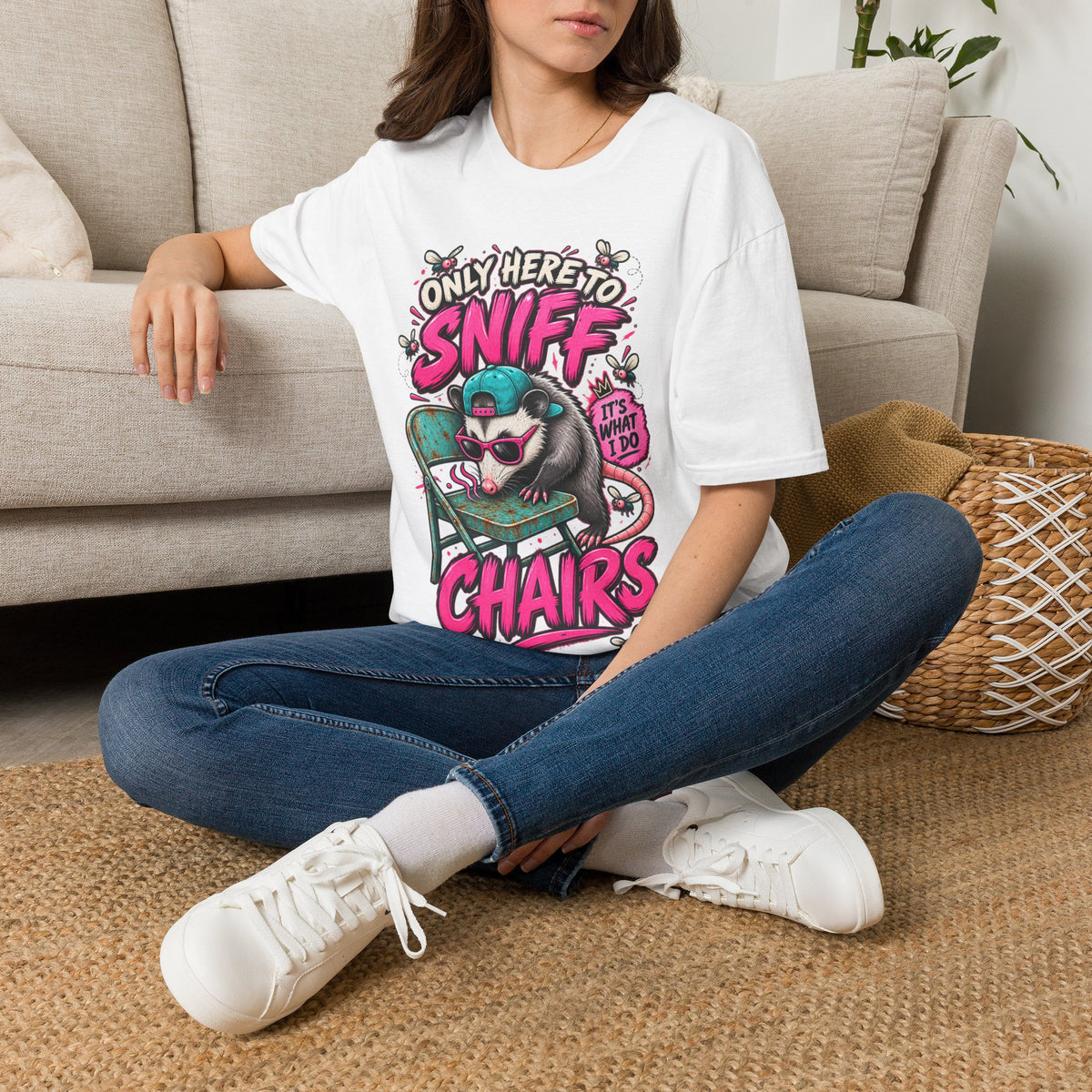 Adult T-Shirt — "Only Here to Sniff Chairs" Cute Ferret Graphic Tee