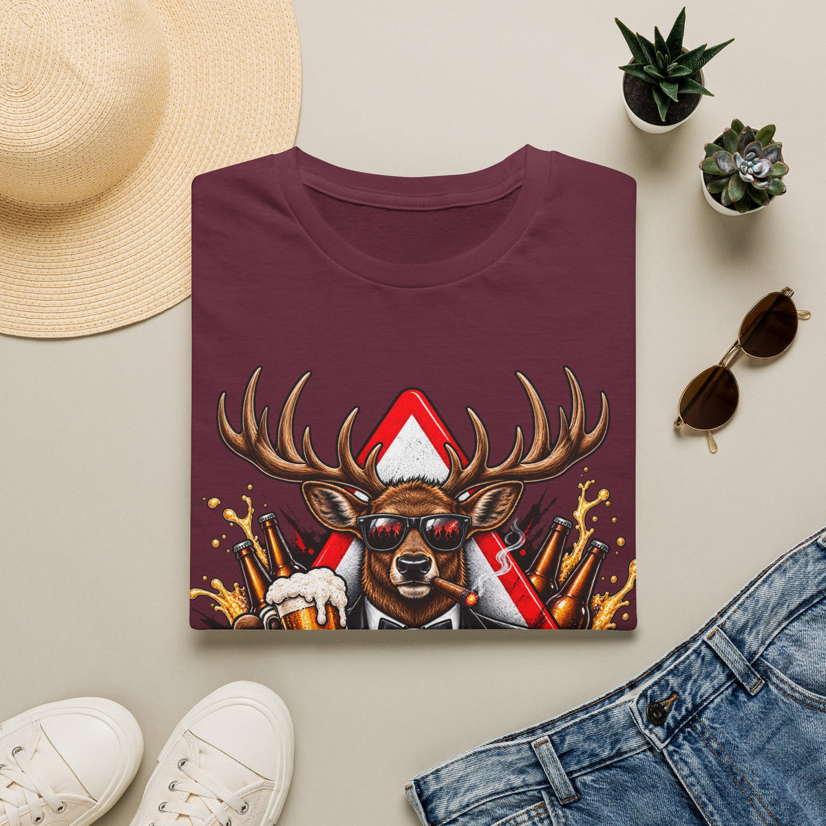 Stag Party Adult T-Shirt — Funny Beer-Drinking Deer Graphic Tee for Bachelor Parties