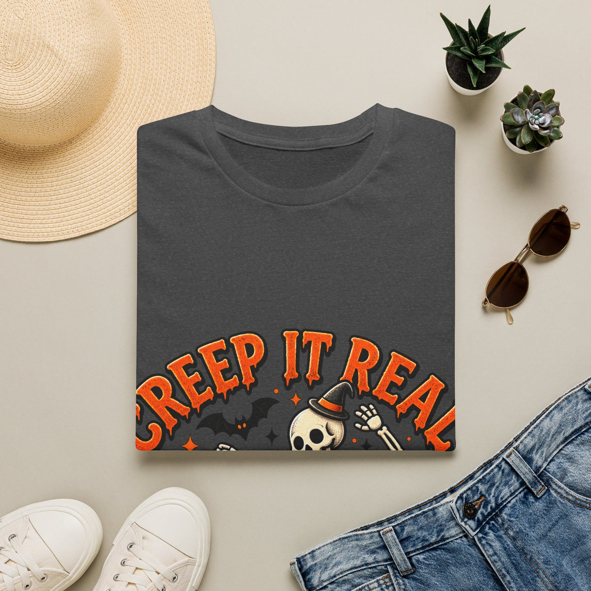 Creep It Real Halloween Adult T-Shirt — Dancing Skeleton & Pumpkin Graphic